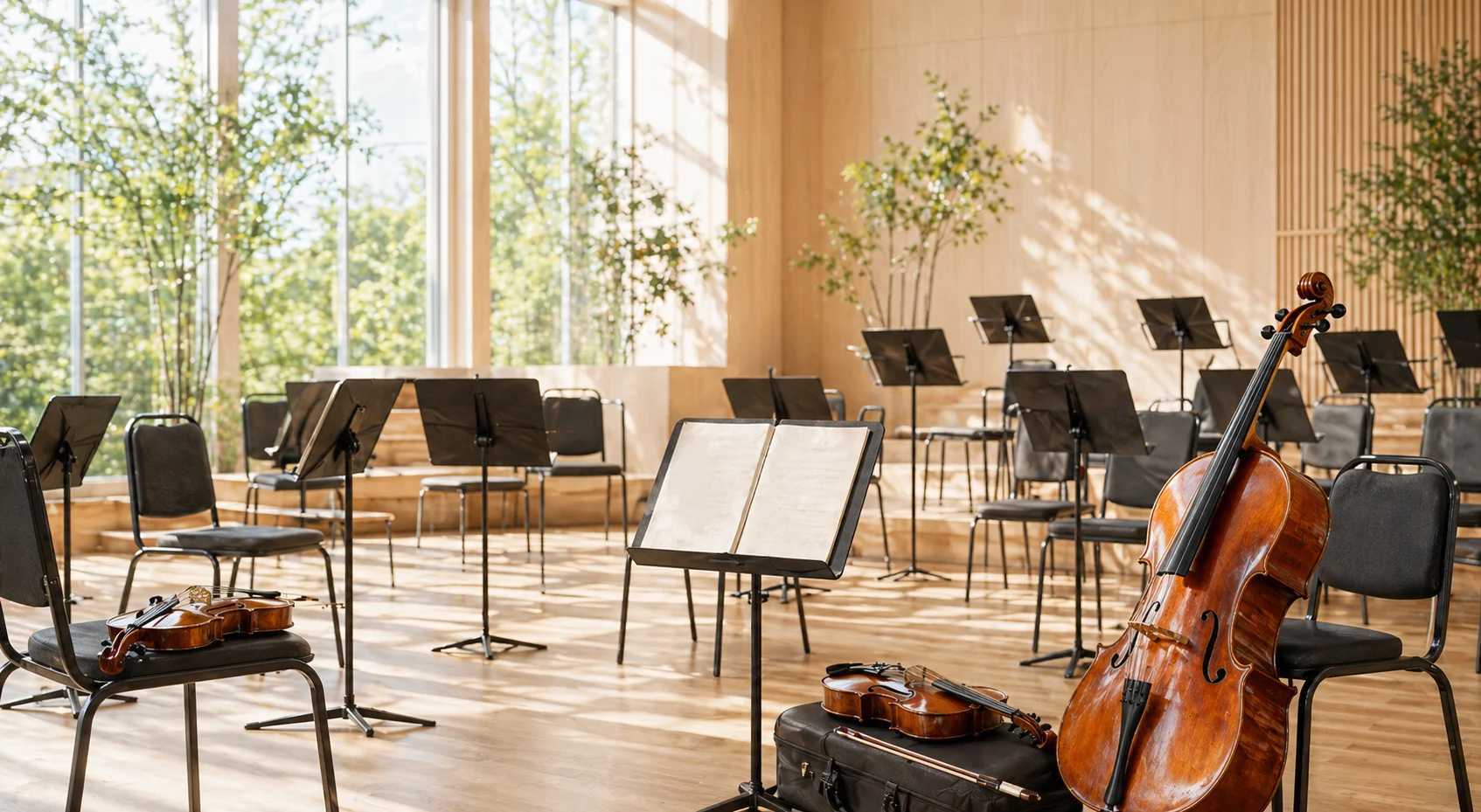 深い緑と淡い金色で第九の響きを抽象的に表した背景